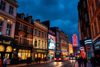London éjszakai utcája, élénk fények és pubok