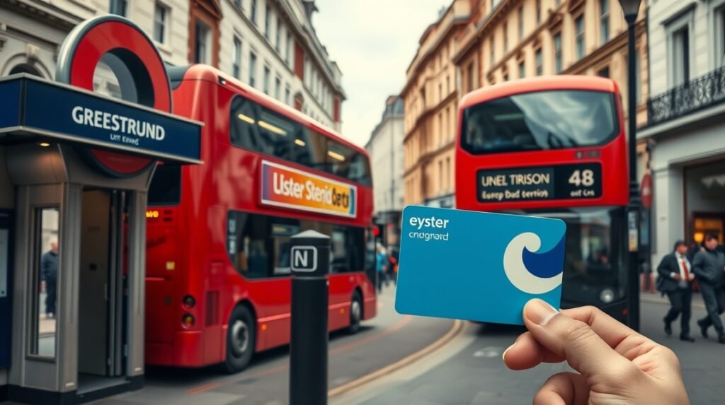 Oyster kártya a londoni közlekedéshez, háttérben emeletes buszokkal.