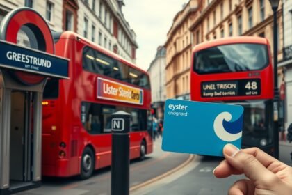 Oyster kártya a londoni közlekedéshez, háttérben emeletes buszokkal.