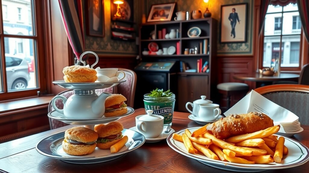 Tradicionális brit ötórai tea és fish and chips Londonban.