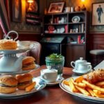 Tradicionális brit ötórai tea és fish and chips Londonban.