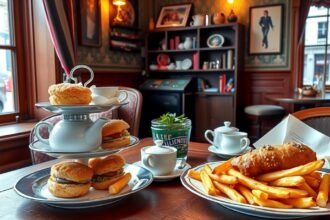 Tradicionális brit ötórai tea és fish and chips Londonban.