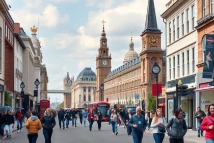 London street with iconic red buses and historic buildings.