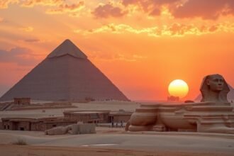Gízai piramisok és Szfinx naplementében, Kairó, Egyiptom