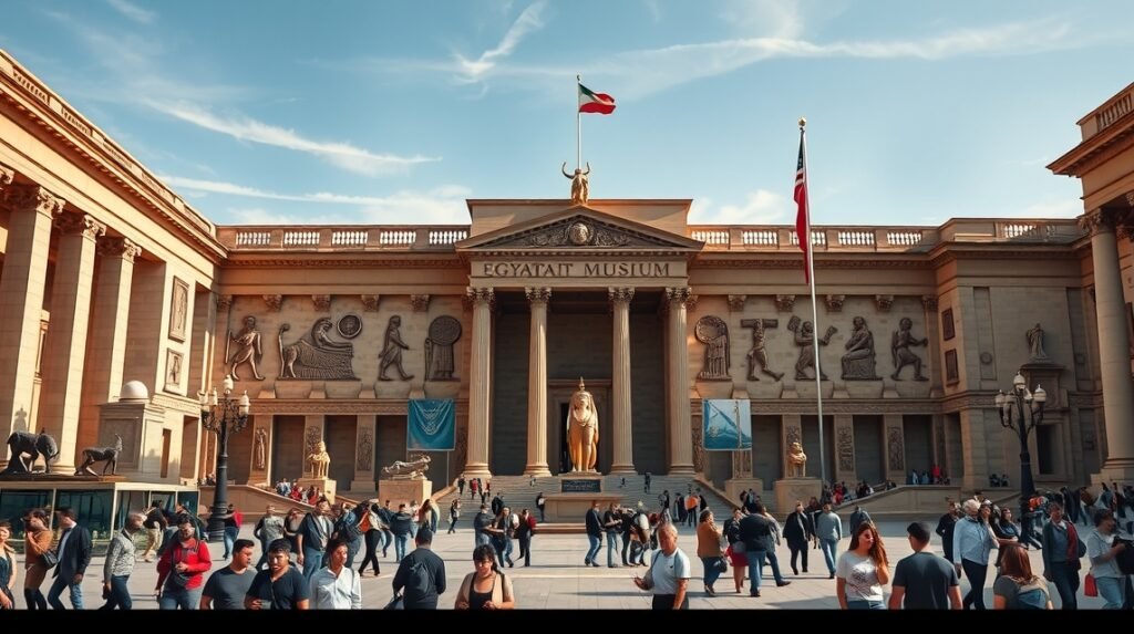 Az Egyiptomi Múzeum Kairóban a Tahrír téren, látogatók a bejáratnál.