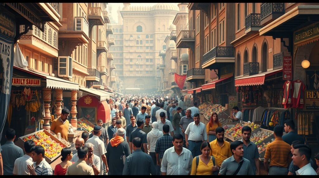 Kairó forgatag a Khan el-Khalili bazárban, színes áruk és emberek tömegével.