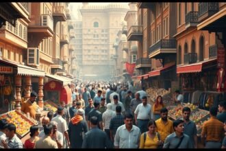 Kairó forgatag a Khan el-Khalili bazárban, színes áruk és emberek tömegével.