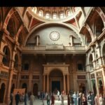 A Függő templom belső terei Kopt Kairóban, látogatók a történelmi épületben