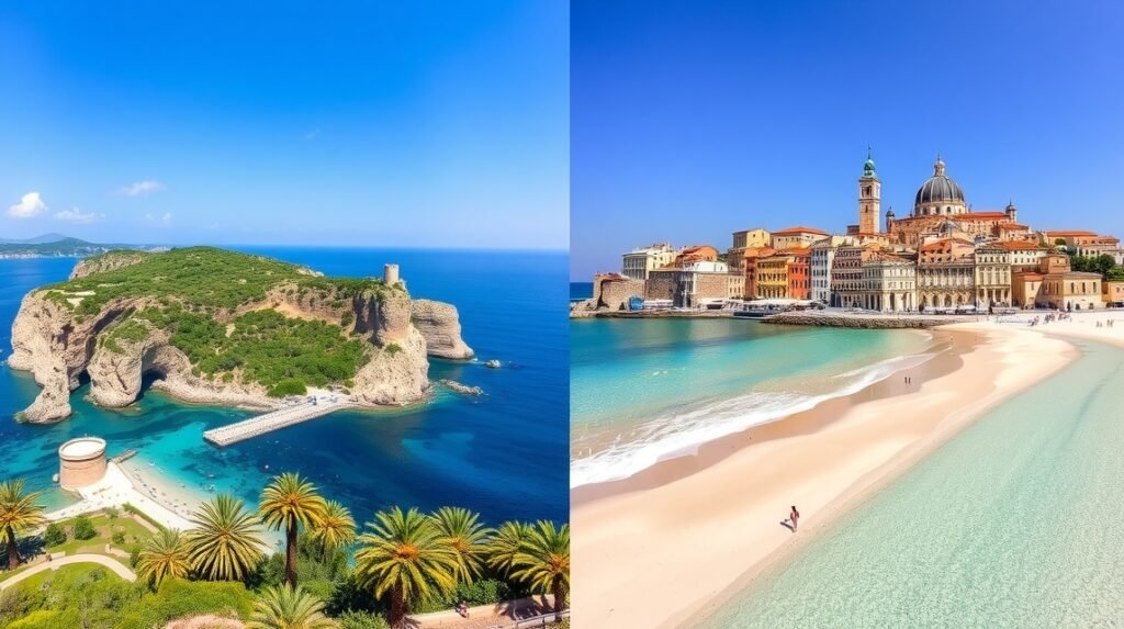 Szardínia és Szicília gyönyörű tájai, tengerpart és városkép