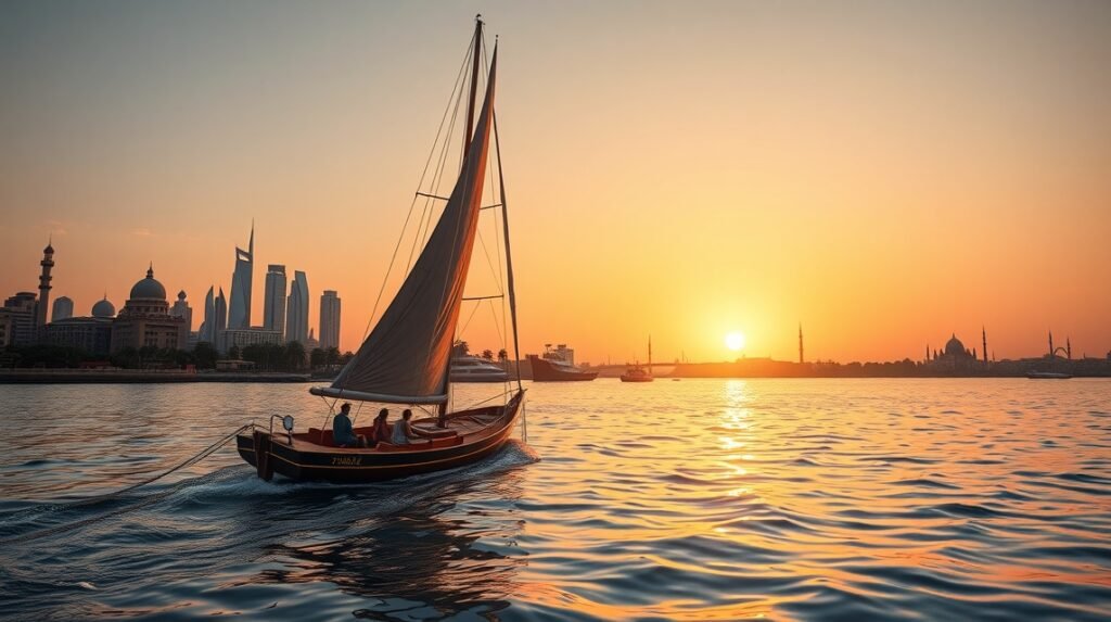 Vitorlázás felukkával a Níluson Kairóban naplementében