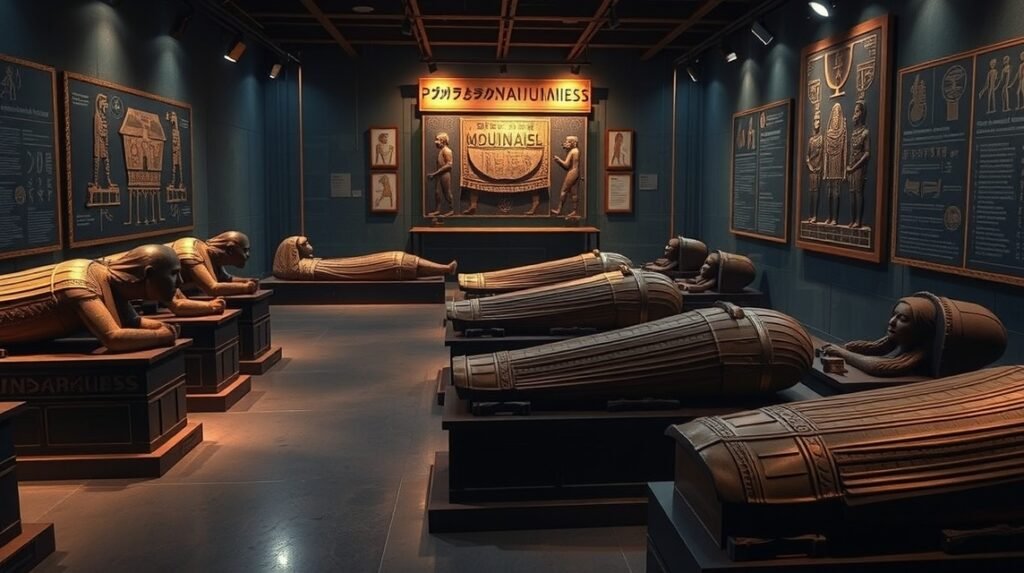 Királyi múmiák és kiállítás az Egyiptomi Civilizáció Múzeumában Kairóban.