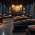 Királyi múmiák és kiállítás az Egyiptomi Civilizáció Múzeumában Kairóban.