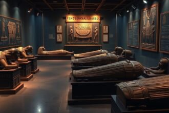 Királyi múmiák és kiállítás az Egyiptomi Civilizáció Múzeumában Kairóban.