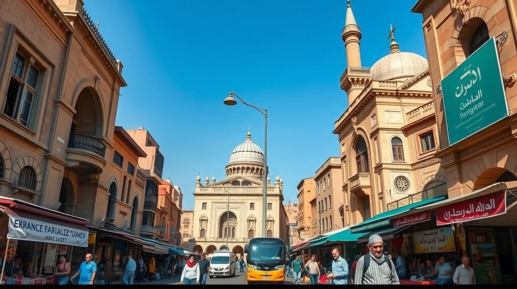 Az Al-Muizz utcai látnivalók Iszlám Kairóban, gyönyörű épületekkel.