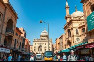 Az Al-Muizz utcai látnivalók Iszlám Kairóban, gyönyörű épületekkel.