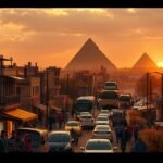 Kairó városa a fáraók földjén naplementében, forgalommal és emberekkel.