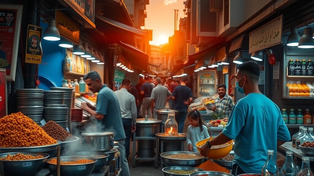 Kairo utcai piaca fűszerekkel és helyi ételekkel.