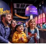 Család a Cadbury World élményparkban Birminghamben, csokoládét kóstolva.