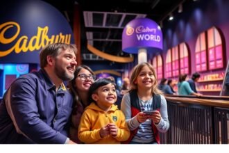 Család a Cadbury World élményparkban Birminghamben, csokoládét kóstolva.