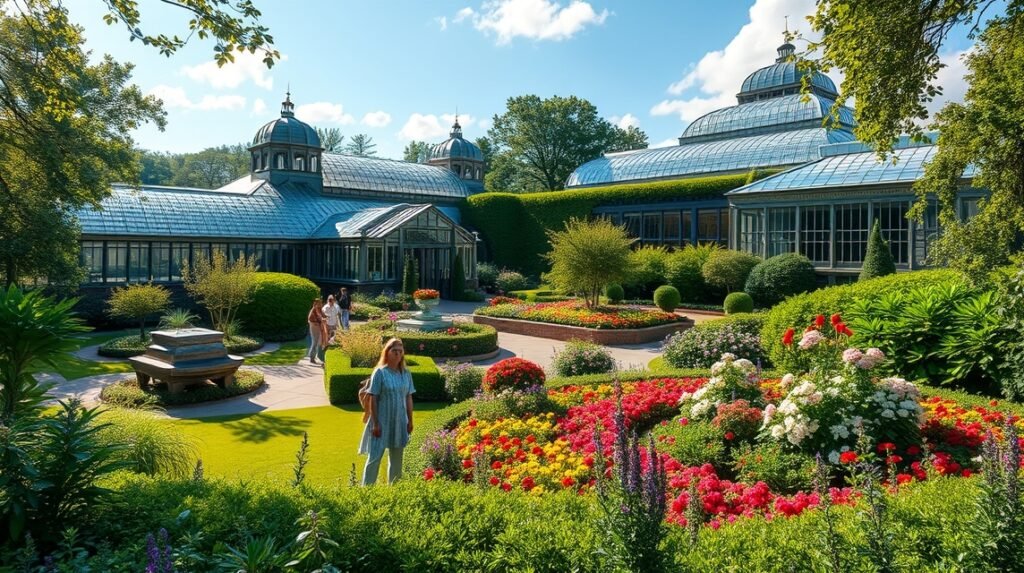 Birminghami Botanikus Kert gyönyörű virágokkal és üvegházakkal