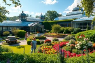Birminghami Botanikus Kert gyönyörű virágokkal és üvegházakkal