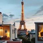 Párizsi lakások és az Eiffel-torony látképe naplementében.