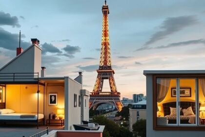 Párizsi lakások és az Eiffel-torony látképe naplementében.