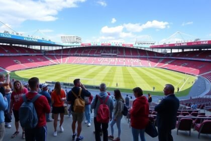 Villa Park stadion a Birmingham városában, látogatók a pályán
