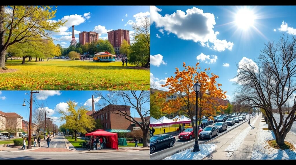 Tavaszi időjárás Birminghamben, napsütés és színes falevelek.