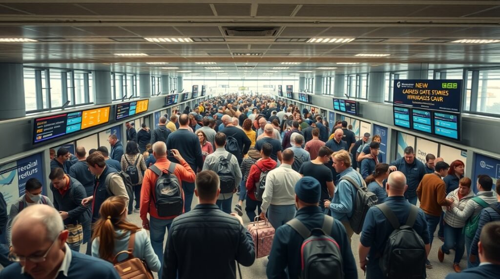 Folyosó repülőtéren utazókkal, érkezési és indulási táblázatokkal.