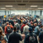 Folyosó repülőtéren utazókkal, érkezési és indulási táblázatokkal.