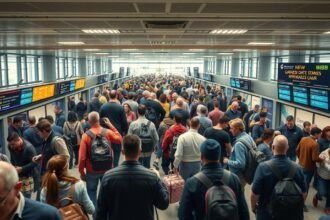 Folyosó repülőtéren utazókkal, érkezési és indulási táblázatokkal.