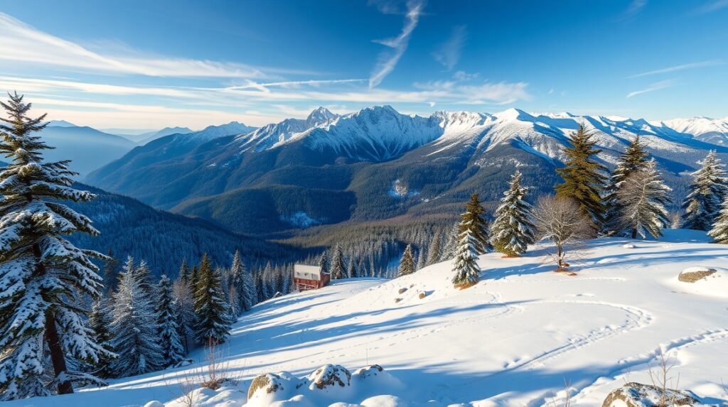 A Magas-Tátra hóval borított hegycsúcsai Zakopane közelében.