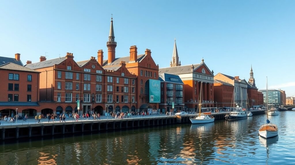 Royal Albert Dock épületei Liverpoolban a Mersey partján