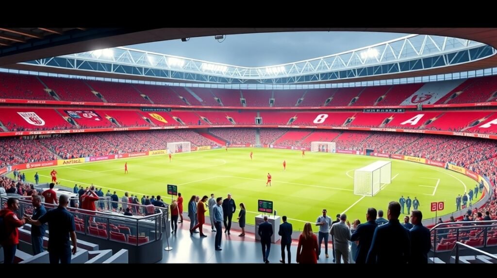 Anfield stadion panorámája, Liverpool foci stadionja, teltház