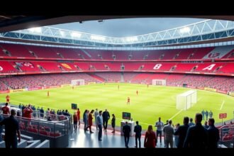 Anfield stadion panorámája, Liverpool foci stadionja, teltház