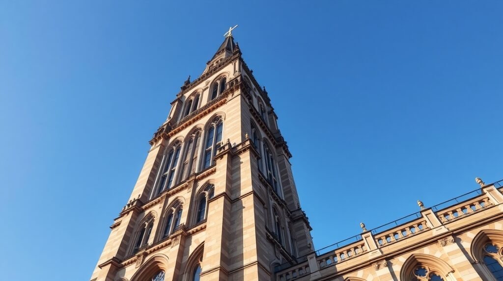 A Liverpooli Katedrális impozáns tornya kék ég alatt.