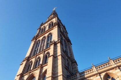 A Liverpooli Katedrális impozáns tornya kék ég alatt.