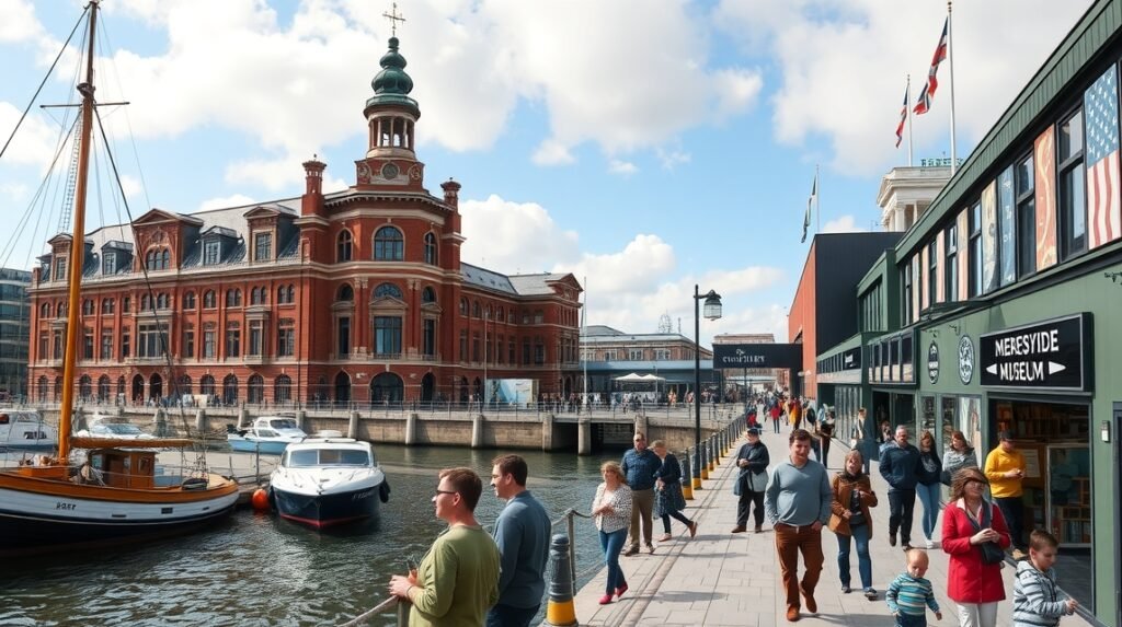 Liverpool Merseyside Tengerészeti Múzeum és kikötő látképe