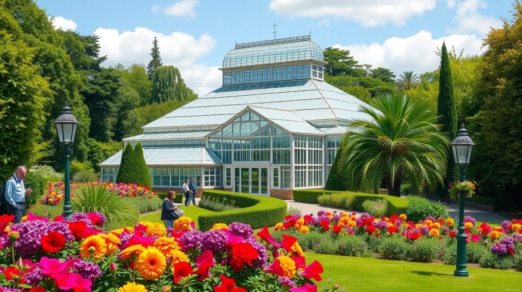A Liverpool-i Pálmaház Sefton Parkban, színes virágokkal körülvéve.