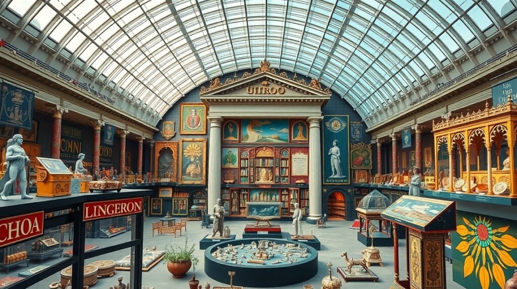 A Liverpooli World Museum interaktív kiállítása, őszi kincsek és kulturális tárgyak.