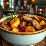 Híres Scouse pörkölt tálalva, friss zöldségekkel.