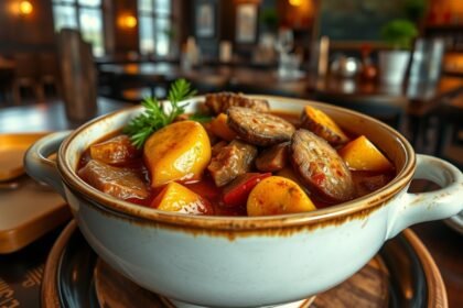 Híres Scouse pörkölt tálalva, friss zöldségekkel.