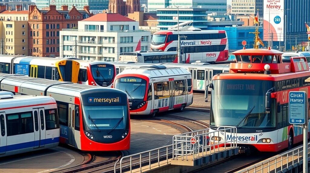 Merseyrail vonatok és buszok a Liverpool közlekedési központjában