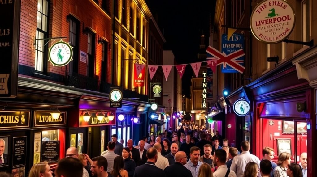 Éjszakai élet Liverpoolban, Mathew Street pubokkal és tömeggel.