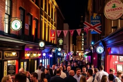 Éjszakai élet Liverpoolban, Mathew Street pubokkal és tömeggel.