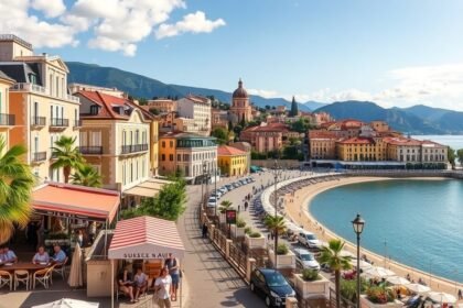 Nizza tengerparti sétány, színes épületek és pálmafák.