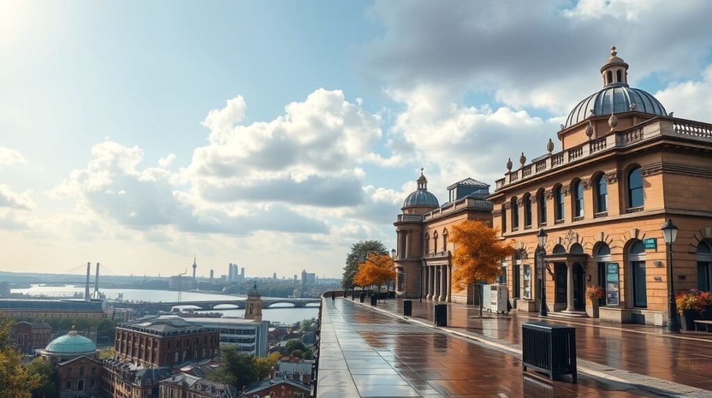 Liverpool városi táj, napfényes időjárásban és gyönyörű épületekkel.