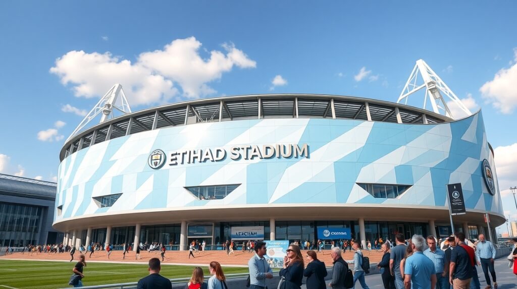 Etihad Stadion, Manchester City otthona, látogatók tömege az épület előtt.