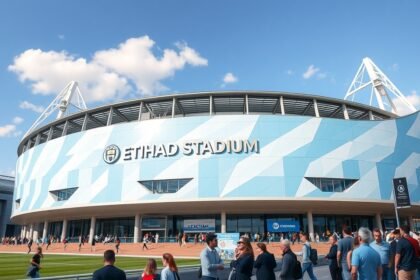 Etihad Stadion, Manchester City otthona, látogatók tömege az épület előtt.